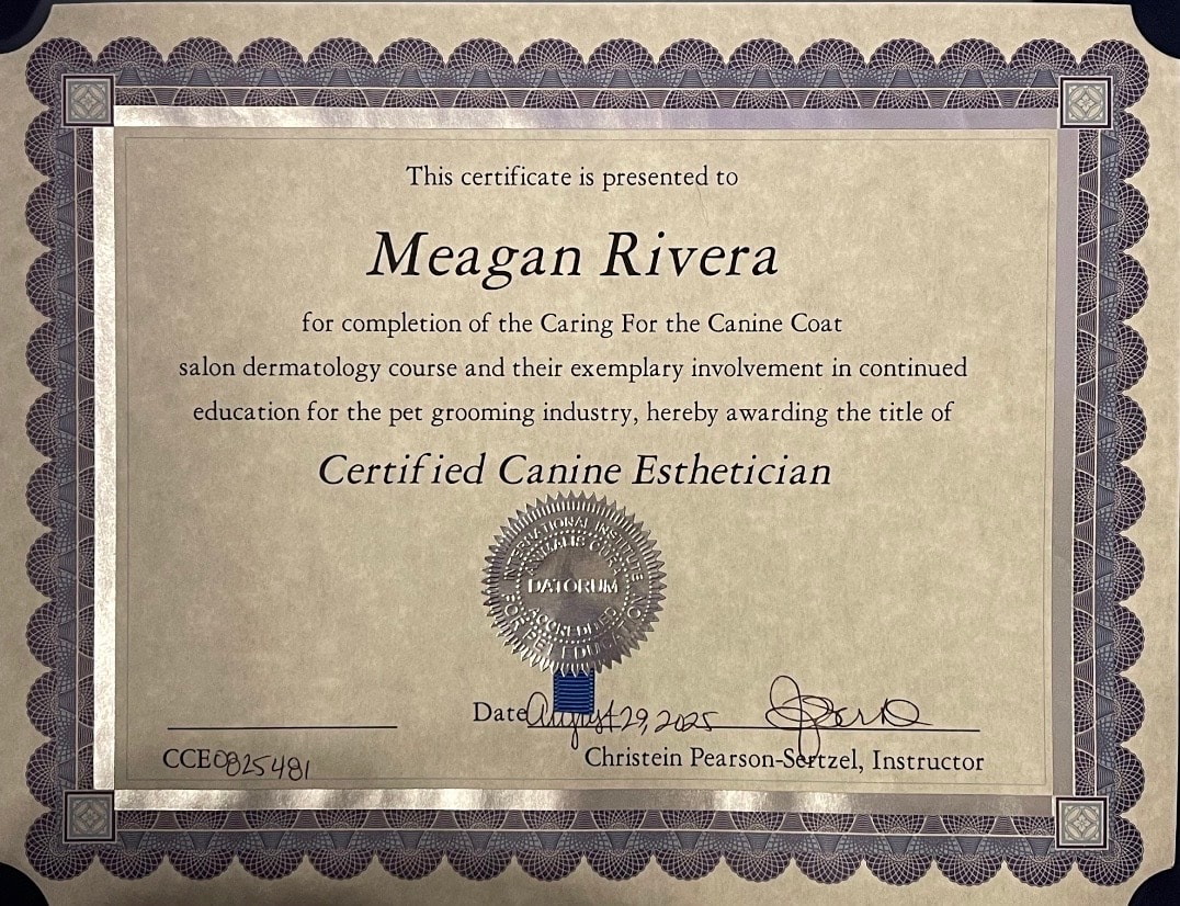 Certified Canine Esthetician certificate — Meagan Rivera