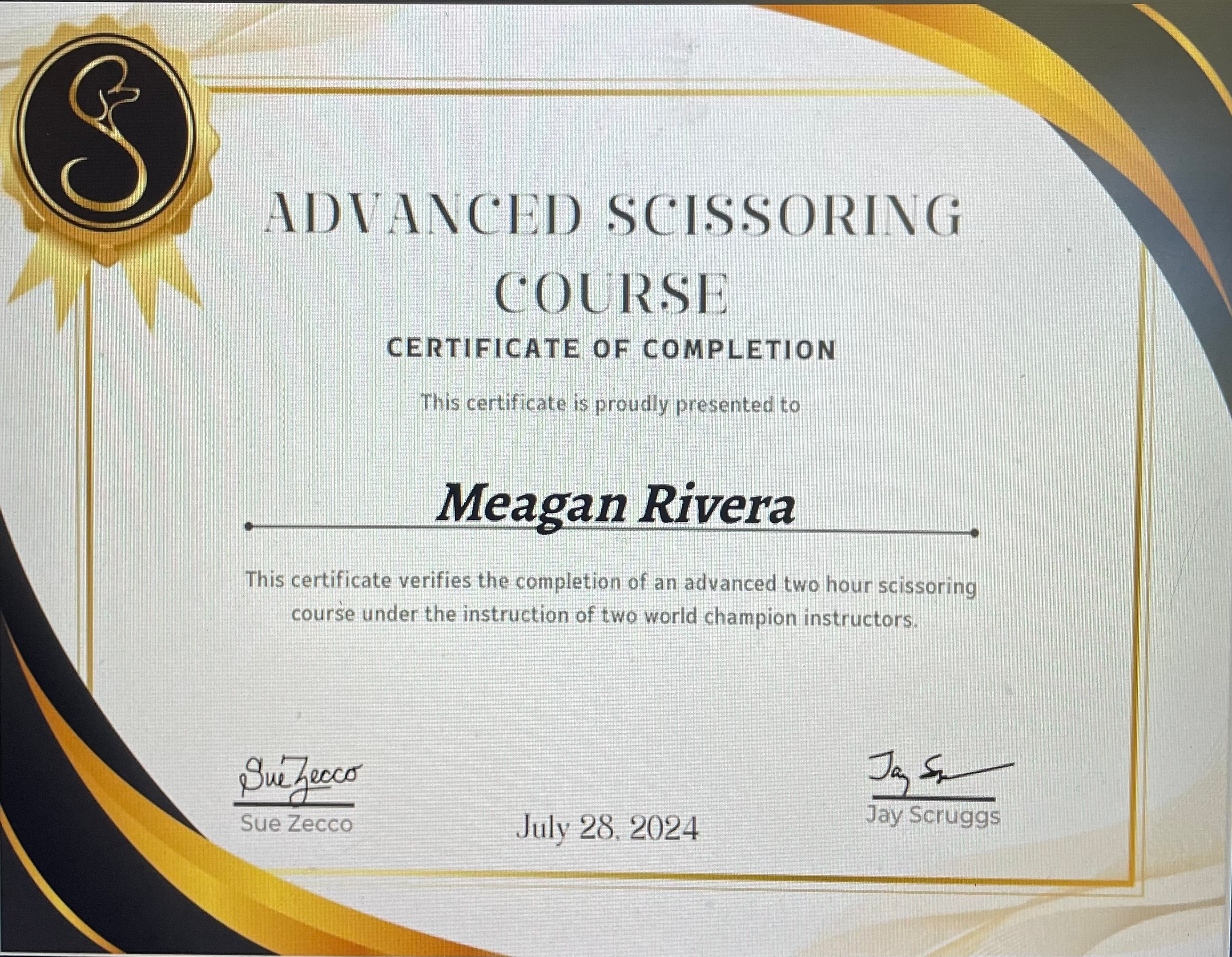 Advanced Scissoring Course certificate — Meagan Rivera