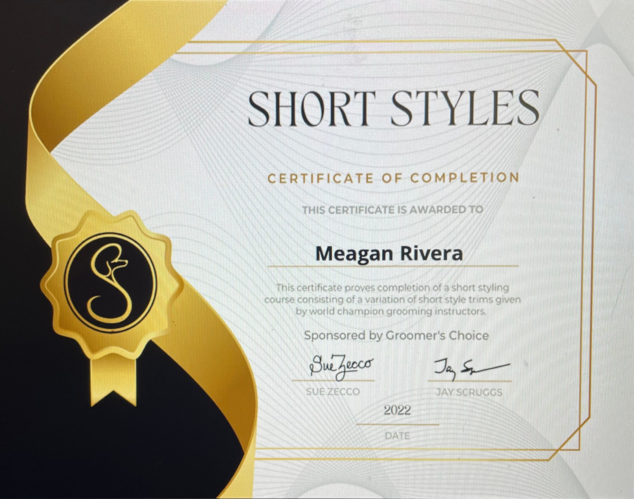 Short Styles certificate — Meagan Rivera